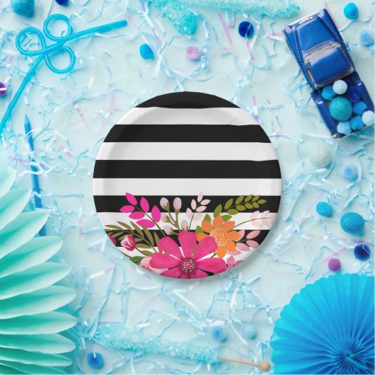 Blume aus schwarzem und weißem Streifen | Fuchsia Pappteller (Party)