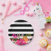 Blume aus schwarzem und weißem Streifen | Fuchsia Pappteller (Party)