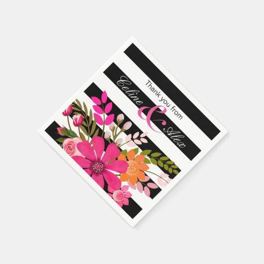 Blume aus schwarzem und weißem Streifen | Fuchsia Serviette (Ecke)