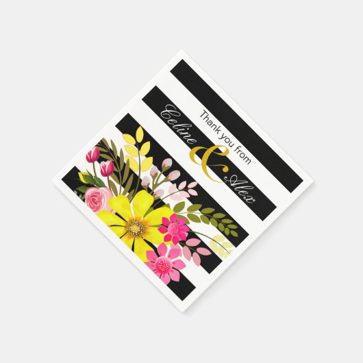 Blume aus schwarzem und weißem Streifen | gelb Serviette (Ecke)