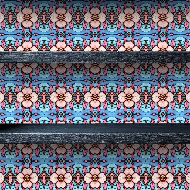 Blume aus verkettetem Glas, rosa, kleine Druckfarb Tapete (Stained Glass Pink Flowers Small Print Wallpaper on a shelf)