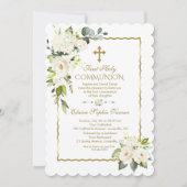 Blume aus Weißcreme Gold Erste Heilige Kommune Einladung (Vorderseite)