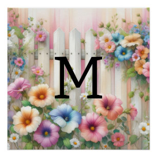 Blume aus weißem Holz mit Monogramm Poster