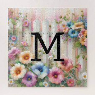 Blume aus weißem Holz mit Monogramm Puzzle