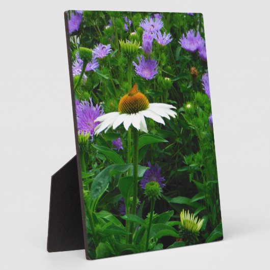 Blume aus weißem Kon, violette Blumen und Motte Fotoplatte (Seite)