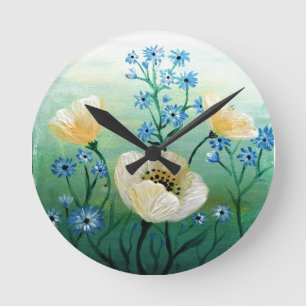 Blume aus weißem Mohn Runde Wanduhr