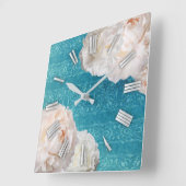 Blume aus weißem Peony auf türkisfarbenem Damaskus Quadratische Wanduhr (Winkel)