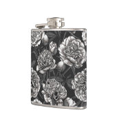 Blume aus weißem Pfirsich auf dunkelgrau Flachmann (Links)