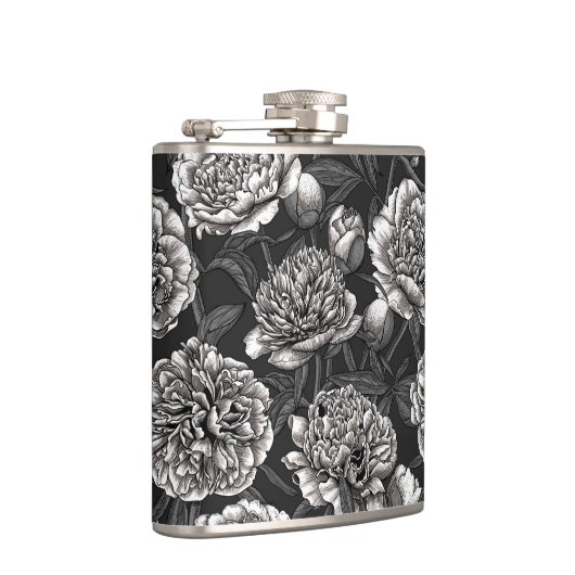 Blume aus weißem Pfirsich auf dunkelgrau Flachmann (Rechts)