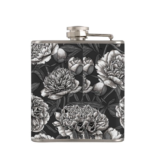 Blume aus weißem Pfirsich auf dunkelgrau Flachmann (Rückseite)