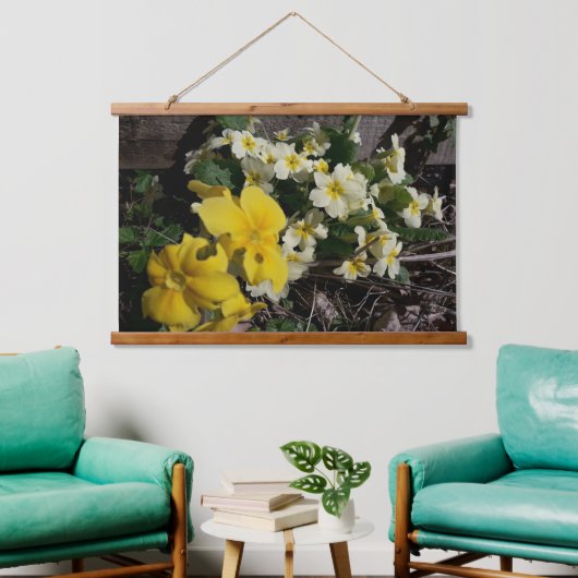 Blume aus weißem und gelbem Garten Wandteppich Mit Holzrahmen (Wohnzimmer)