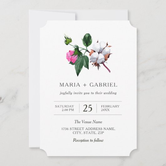 Blume aus weißer Baumwolle. Botanische Hochzeit Einladung (Vorderseite)