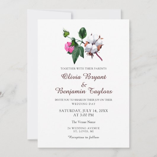 Blume aus weißer Baumwolle. Rustikale Naturhochzei Einladung (Vorderseite)