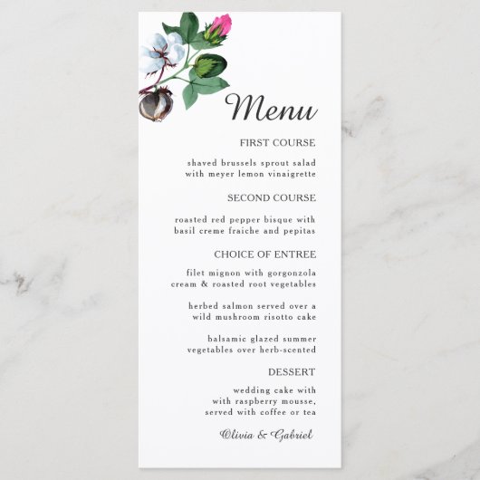 Blume aus weißer Baumwolle. Schöne botanische Hoch Menükarte (Vorderseite)