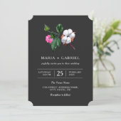 Blume aus weißer Baumwolle. Schwarze Botanische Ho Einladung (Stehend Vorderseite)