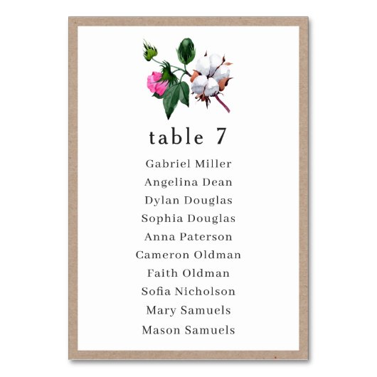 Blume aus weißer Baumwolle. Sitzplan für Hochzeite Tischnummer (Vorderseite)