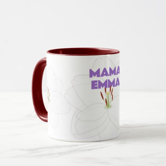 Blume aus weißer Lilie und muffiger Mama Text Pers Tasse (Vorderseite Links)