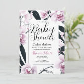 Blume Babydusche in schwarz-rosa Aquarell Einladung (Stehend Vorderseite)