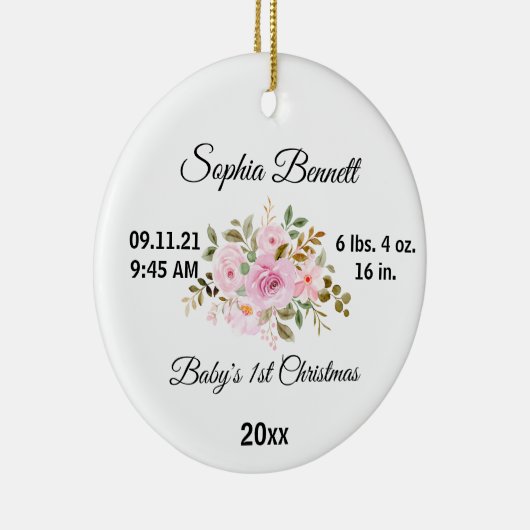 Blume Baby's First Christmas & Custom Birth Stats Keramik Ornament (Rechts)