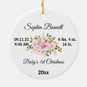 Blume Baby's First Christmas & Custom Birth Stats Keramik Ornament (Hinten)