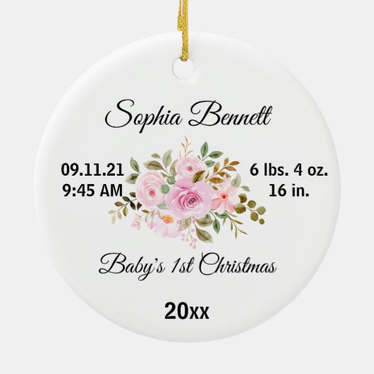 Blume Baby's First Christmas & Custom Birth Stats Keramik Ornament (Hinten)