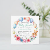 Blume, Ballons, Teddybär, Babydusche Einladung (Stehend Vorderseite)