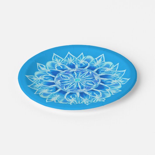 Blume Batik Mandala auf Türkis Pappteller (Schrägansicht)