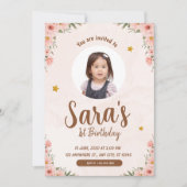Blume Beige & rosa Aquarell 1. Geburtstag Foto Einladung (Vorderseite)
