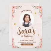 Blume Beige & rosa Aquarell 1. Geburtstag Foto Einladung (Vorne/Hinten)