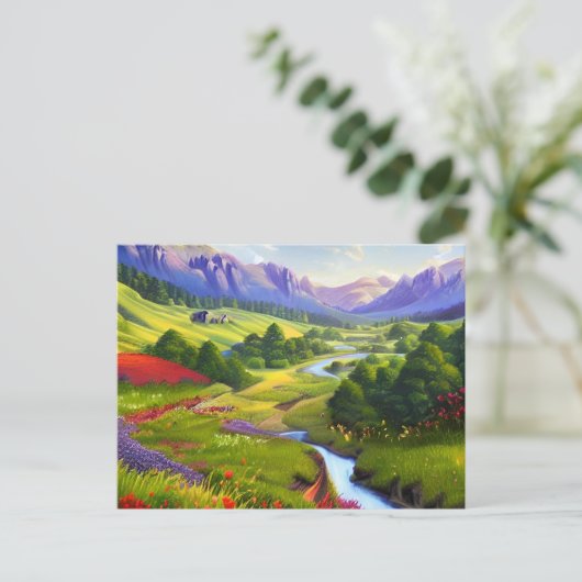 Blume Berge und See Postkarte (Stehend Vorderseite)