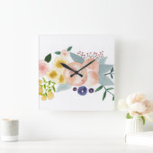 Blume, Berries und Blätter Wasserfarbuhr Quadratische Wanduhr (Zuhause)