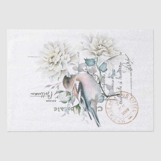 Blume Bird Französisch-Script Postmark Decoupage Seidenpapier (Vorderseite)