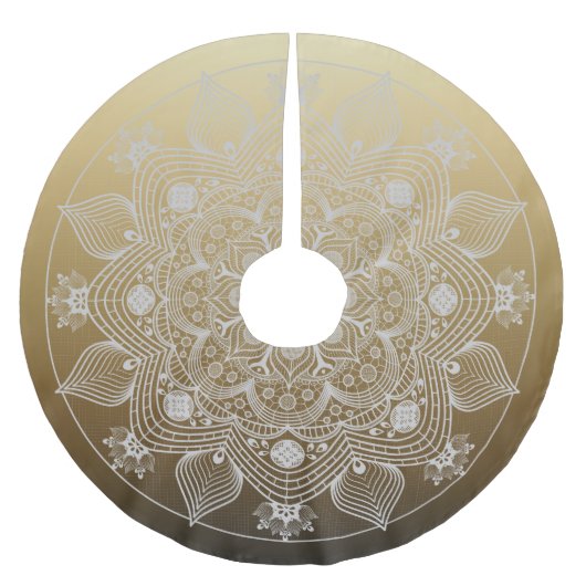Blume, Blätter, Mandala aus weißer Leder auf Gold Polyester Weihnachtsbaumdecke (Vorderseite)