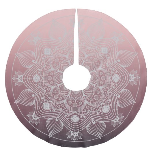 Blume, Blätter, Mandala, Weiße Spitzen, rosa Polyester Weihnachtsbaumdecke (Vorderseite)