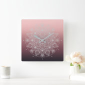 Blume, Blätter, Mandala, Weiße Spitzen, rosa Quadratische Wanduhr (Zuhause)