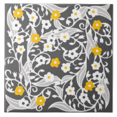 Blume, Blätter, Reben, grau, weiß, gelb Fliese (Vorderseite)