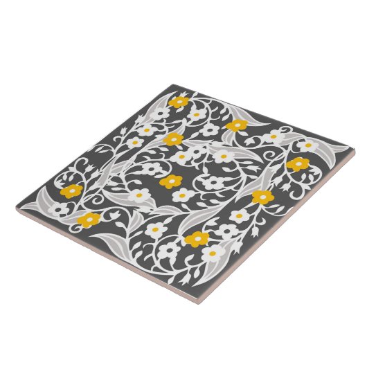 Blume, Blätter, Reben, grau, weiß, gelb Fliese (Seite)