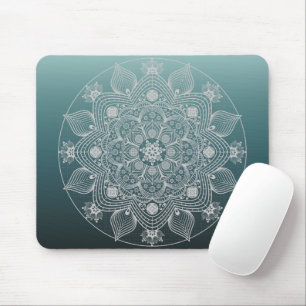 Blume, Blätter, Weiße Spitzen Flora Mandala auf Aq Mousepad