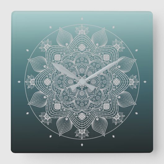Blume, Blätter, Weiße Spitzen Flora Mandala auf Aq Quadratische Wanduhr (Vorderseite)