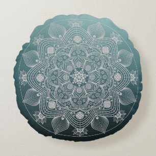 Blume, Blätter, Weiße Spitzen Floral Mandala auf Rundes Kissen