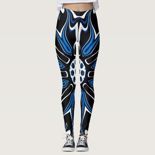 Blume Blau, Schwarz und Weiß Estlands Art Leggings (Vorderseite)