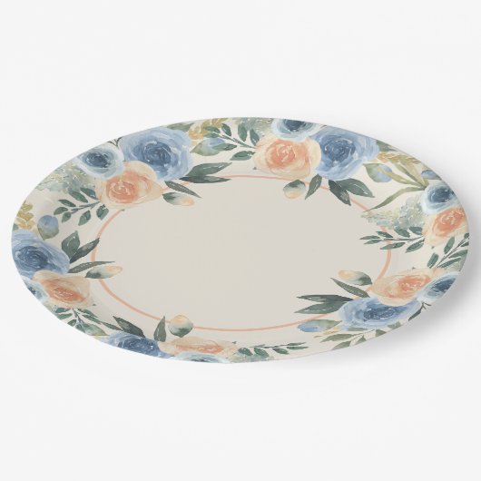 Blume Blau und Pfirsichfarben Pappteller (Schrägansicht)