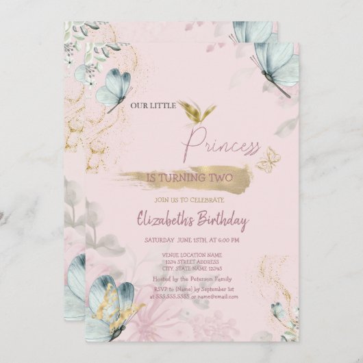 Blume Blaue Schmetterlinge Rosa Geburtstag Einladung (Vorne/Hinten)