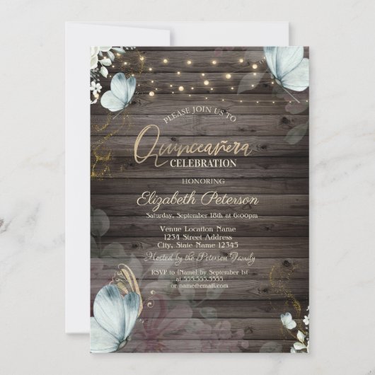 Blume Blauer Schmetterling Holz Einladung (Vorderseite)