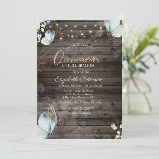 Blume Blauer Schmetterling Holz Einladung (Stehend Vorderseite)