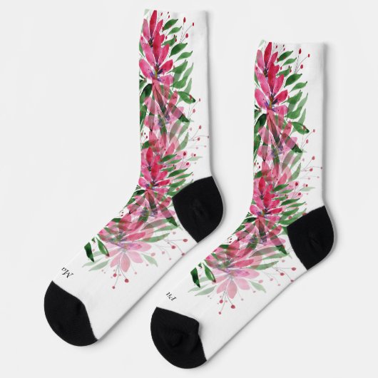 Blume Bloom Boho Wasserfarbe Mit Monogramm Socken (Linkes Detail)