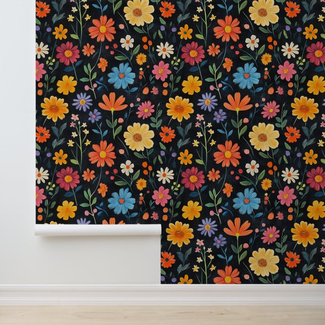 Blume Blossom Muster Khalk Zeichnungen Black Bckg Tapete (Anwendung)