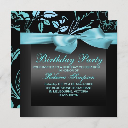 Blume Blue & Black Party Geburtstag Einladung (Vorne/Hinten)