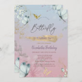 Blume Blue Butterflies Ombre Geburtstag Einladung (Vorne/Hinten)