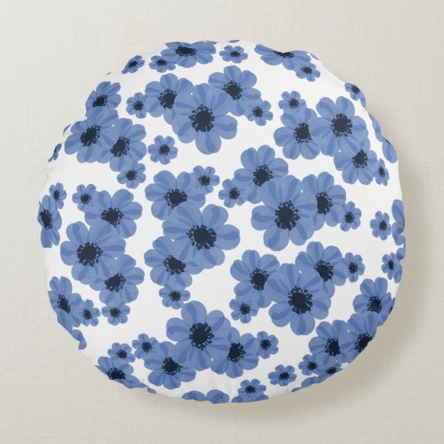 Blume Blue Round Pillow Rundes Kissen (Vorderseite)